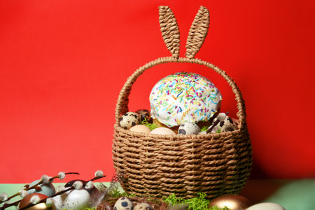Easter celebration. Easter decorations in a basket with rabbit ears. Easter cake and eggs on moss, quail eggs and feathers on a red background. traditions and religionの写真素材