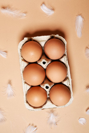 Eggs in a tray on a soft brown nude background. feathers are flying nearbyの写真素材