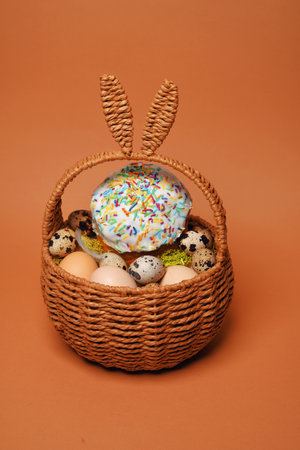 Easter decorations in a basket with rabbit ears. Easter cake and eggs on moss, quail eggs and feathers on an orange background. Place for textの写真素材