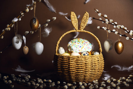 Easter holidays, cute basket with bunny ears on brown background. Easter cakes with colored sprinkles, colored golden eggs, and pussy willow decorations. Nest with eggs, Traditionsの写真素材