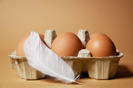 A tray with brown eggs, on a nude background, chicken feathers are flying. Eco products, nutrition, proteins and natural food.の写真素材