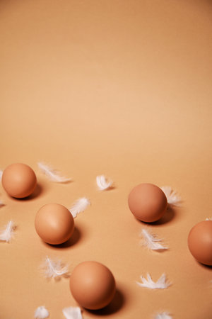 Fresh chicken eggs on a nude background, brown. Eco products from farmers, chicken feathers, food and protein.の写真素材
