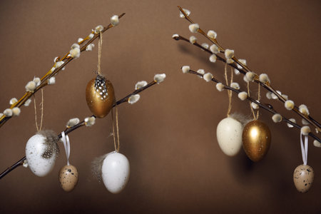 Easter decorations on a brown background. Painted eggs hang on pussy willow branches. Spring is coming, place for textの写真素材