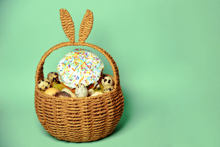 Easter decorations in a basket with rabbit ears. Easter cake and eggs on moss, quail eggs and feathers on mint green background. Place for textの写真素材