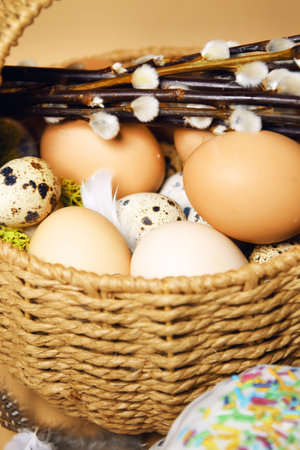 Easter holidays, pussy willow, colorful painted eggs in a tray, a basket with Easter cake on a nude background, warm. Religion and traditionの写真素材