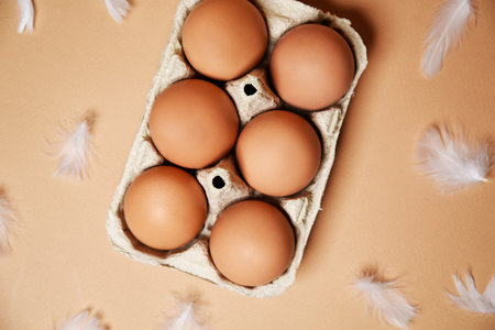 A tray with brown eggs, on a nude background, chicken feathers are flying. Eco products, nutrition, proteins and natural food.の写真素材