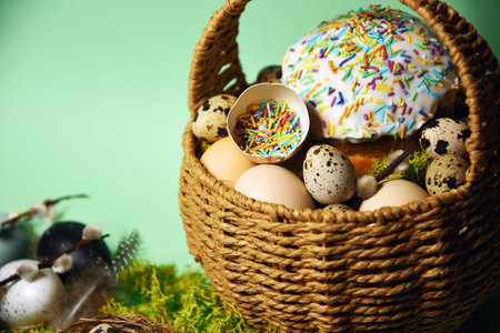 Easter decorations in a basket with rabbit ears. Easter cake and eggs on moss, quail eggs and feathers on mint green background. pussy willow Place for textの写真素材