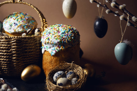Easter cakes with colored sprinkles, colored golden eggs, and pussy willow decorations. Nest with eggs, Traditionsの写真素材