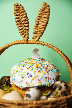 Easter decorations in a basket with rabbit ears. Easter cake and eggs on moss, quail eggs and feathers on mint green background. small rabbit figureの写真素材
