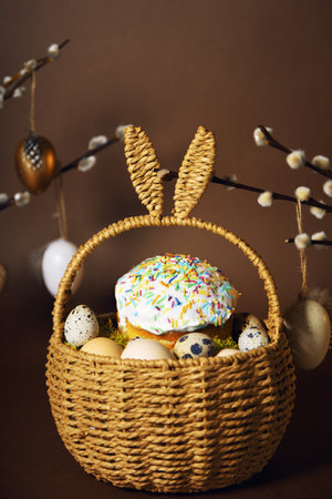 Easter holidays, cute basket with bunny ears on brown background. Easter cakes with colored sprinkles, colored golden eggs, and pussy willow decorations. Nest with eggs, Traditionsの写真素材