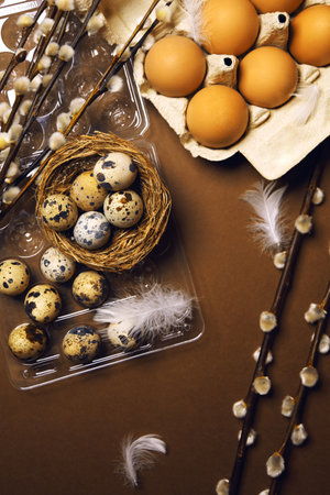 Quail and ordinary eggs in plastic and paper packages, on a brown background, Pussy willow, Easter, chicken feathers. Quail nest with eggs, eco farm, healthy productsの写真素材