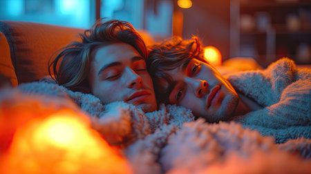 Two young men lying on the couch in the bedroom at night.の素材