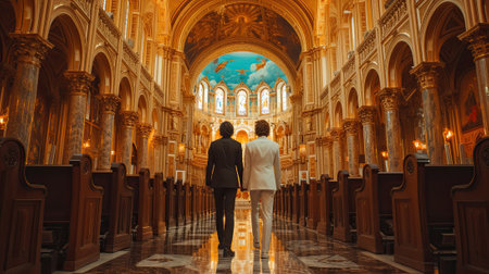 Back view of a young couple in love walking together in the churchの素材