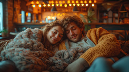 Young couple in love sitting on a sofa in a cozy home interiorの素材
