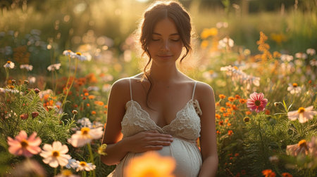 Beautiful pregnant woman in the field of flowers. The concept of pregnancy and motherhood.の素材