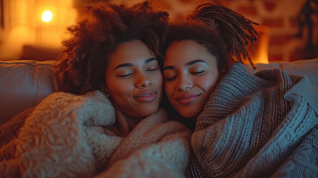 Portrait of two pretty african american women in sweaters lying on bed at homeの素材