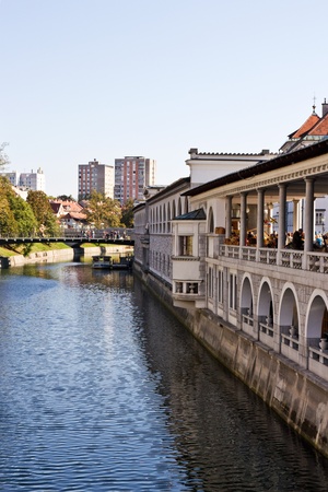 Buildings facing the river in ljubljana の写真素材