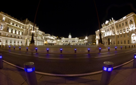 Night view of empty Piazza Unita d Italia in fisheye 180°, Trieste  Italy