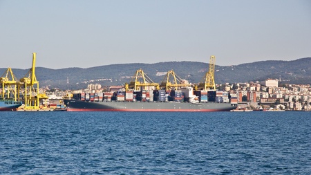 Trieste, ITA - 2 july 2011: Wiew of the port of Trieste to the sea with ship for transporting...