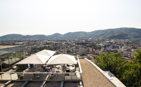 View of graz and a restaurant from the Schlossberg castle, 2013のeditorial素材