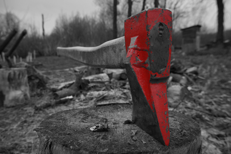 Axe stuck in tree outside wall heavy branchesの写真素材