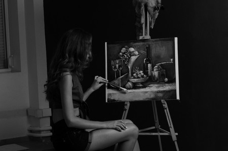 girl artist happy, paints, tree, golden rug studio oil inspirationの写真素材