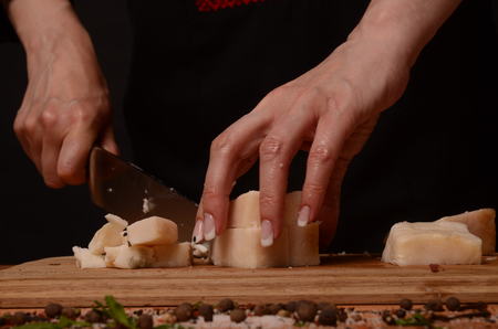 bacon sliced on white background. pork fat with veins.の写真素材
