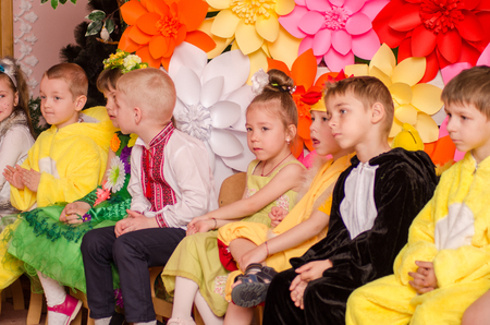 Ukraina, Lutsk, 13 March 2018. Kindergarten is the fifth. Children's holiday matinee.Children preschoolers on holiday.のeditorial素材