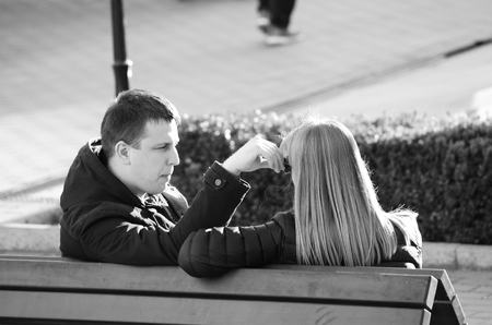 travel couple walking around city on vacation with guide book having fun Lutsk Ukraine 20.04.2018のeditorial素材