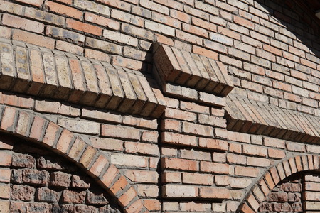 brick wall of red color, wide panorama of masonry.の写真素材