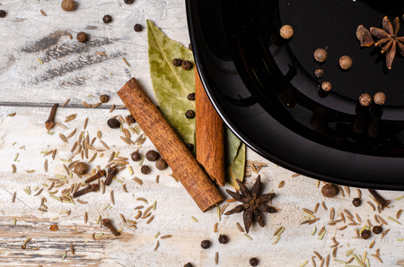 spice black plate wooden tableの写真素材