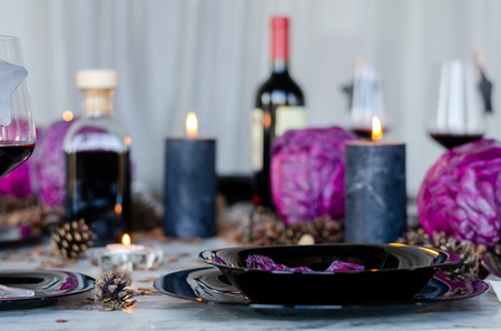 Beautiful table setting with lavender flowers on wooden background.の写真素材