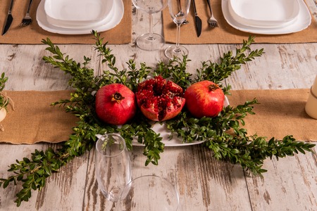 Beautiful table setting with lavender flowers on wooden background.