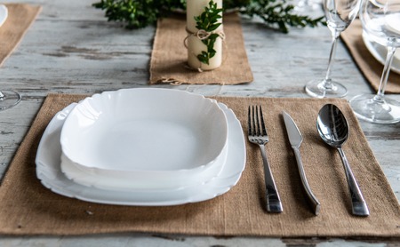 Beautiful table setting with lavender flowers on wooden background