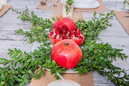 Beautiful table setting with lavender flowers on wooden backgroundの写真素材