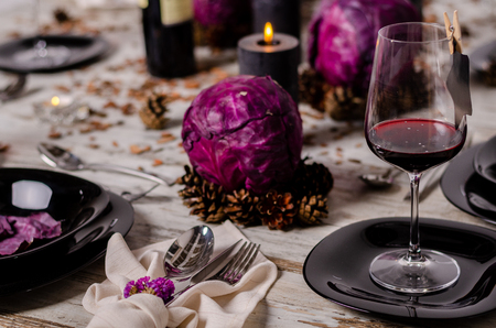 Beautiful table setting with lavender flowers on wooden background.の写真素材