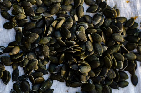 Macro background texture of green pumpkin seeds.