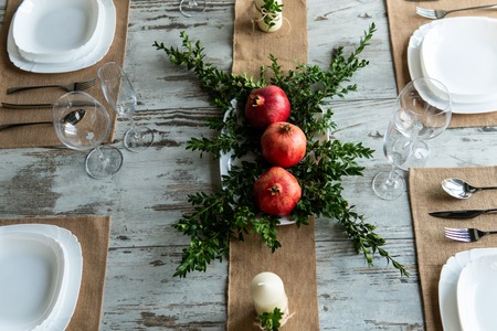 Beautiful table setting with lavender flowers on wooden background.の写真素材