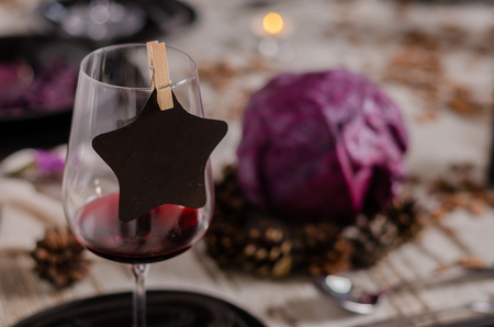 Beautiful table setting with lavender flowers on wooden background.の写真素材