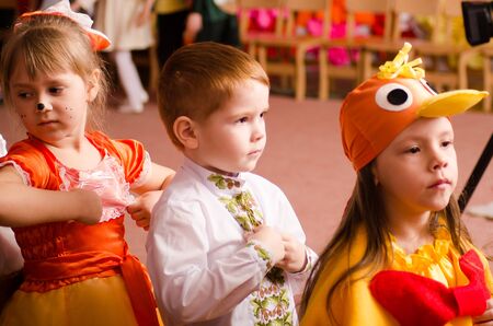 Ukraina, Lutsk, 13 March 2018. Kindergarten is the fifth. Childrens holiday matinee . Children preschoolers on holidayのeditorial素材