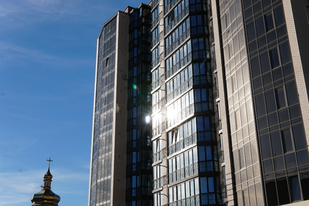 Modern condominium building real etate in city with blue sky,の写真素材