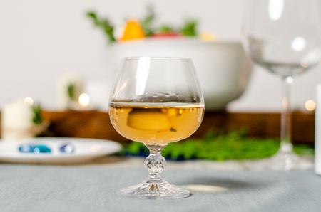 Beautiful table setting with lavender flowers on wooden background.の写真素材