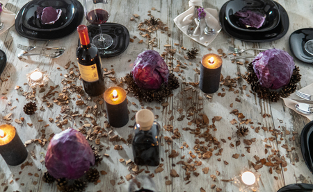 Beautiful table setting with lavender flowers on wooden background.の写真素材