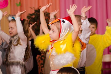 Ukraina, Lutsk, 13 March 2018. Kindergarten is the fifth. Children's holiday matinee . Children preschoolers on holiday.のeditorial素材
