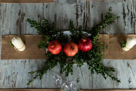Beautiful table setting with lavender flowers on wooden background.の写真素材