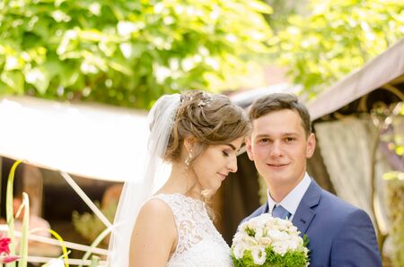 Wedding wedding day beautiful bride and elegant groom walking after wedding luxury 23.07.2017 Lutsk, Ukraina.のeditorial素材