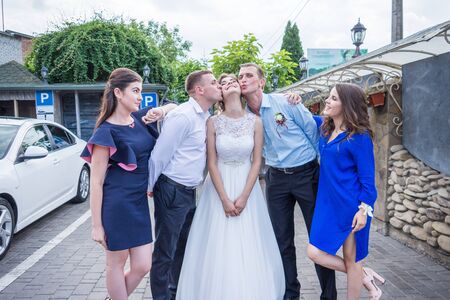 Wedding wedding day beautiful bride and elegant groom walking after wedding luxury 23.07.2017 Lutsk, Ukraina.のeditorial素材