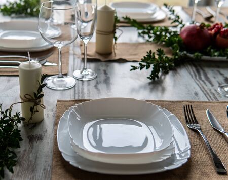 Beautiful table setting with lavender flowers on wooden background.