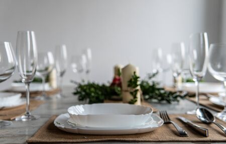 Beautiful table setting with lavender flowers on wooden background.の写真素材
