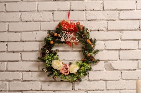 Christmas composition. Winter background. Christmas wreath. Handmade holiday wreath.の写真素材